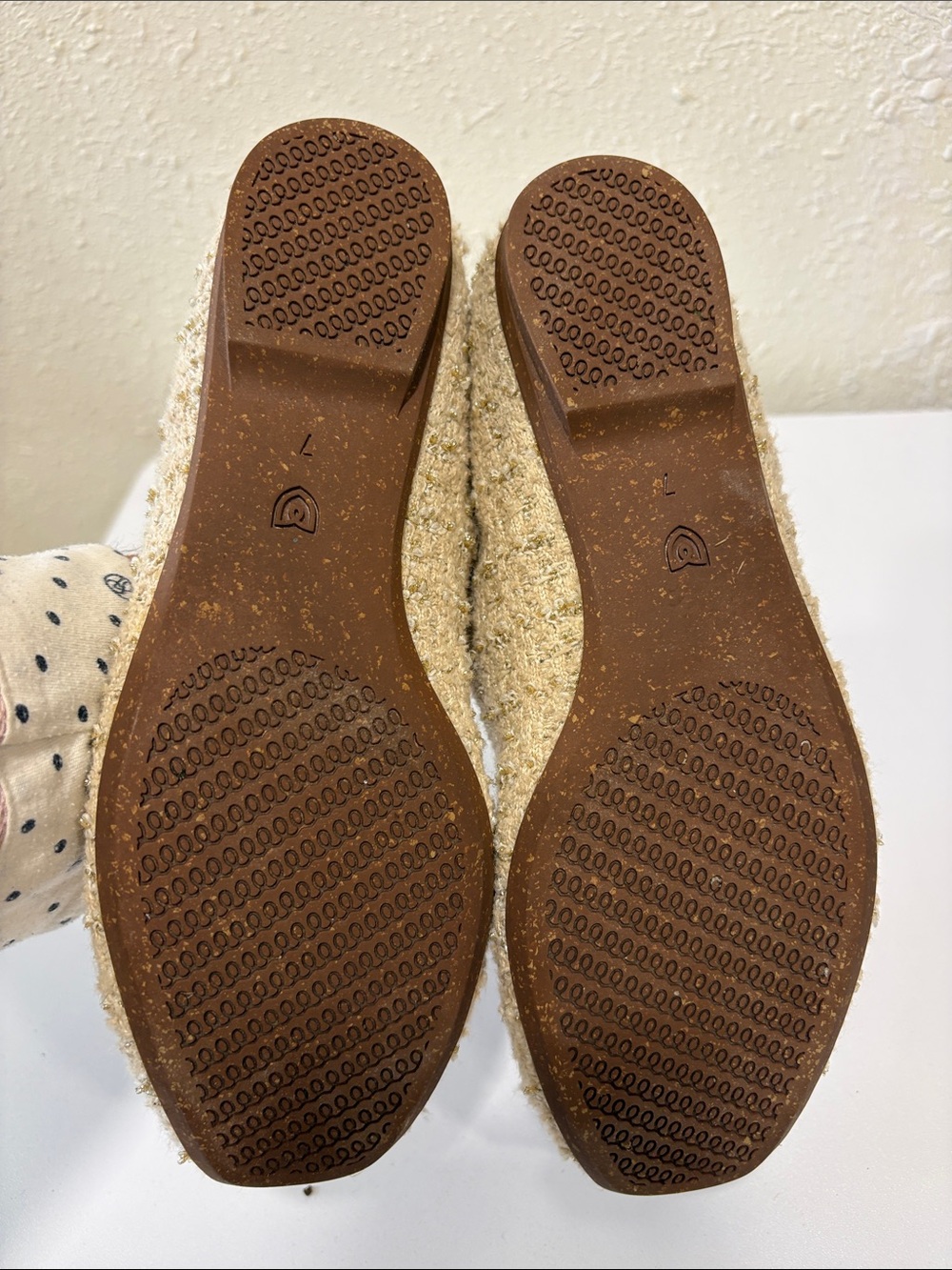 Rothy's Cream Tweed Ballet Flats with Black Elastic Strap and Blue Heel Tab - Picture 7 of 8